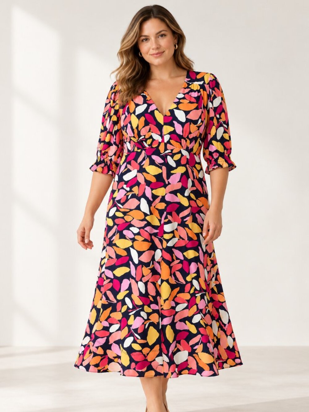 Maggy London Navy Multicolour Print V-Neck Dress – Size 10